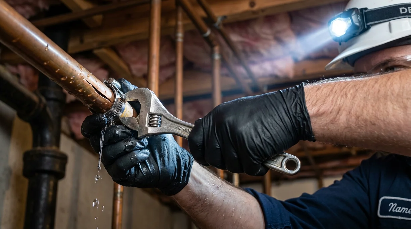 Emergency pipe clamp repair being performed by a Johns Plumbing LLC plumber in Shirley