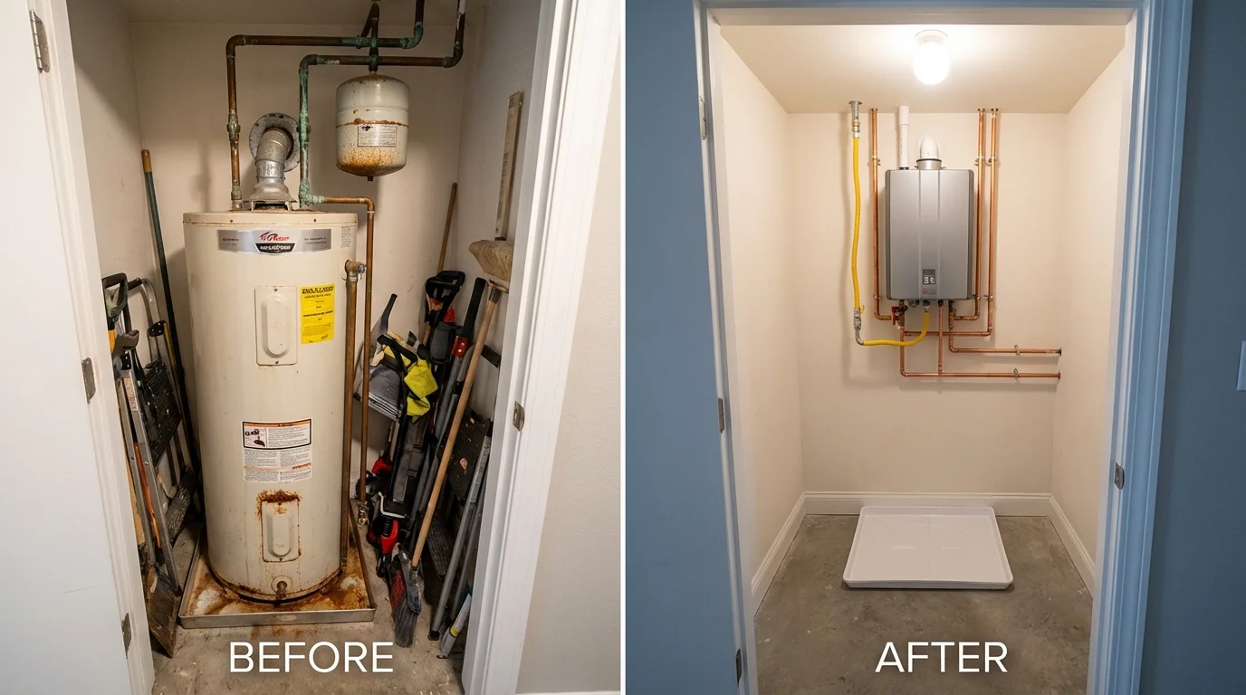 Tank water heater versus wall-mounted tankless unit comparison for Shirley, MA homeowners