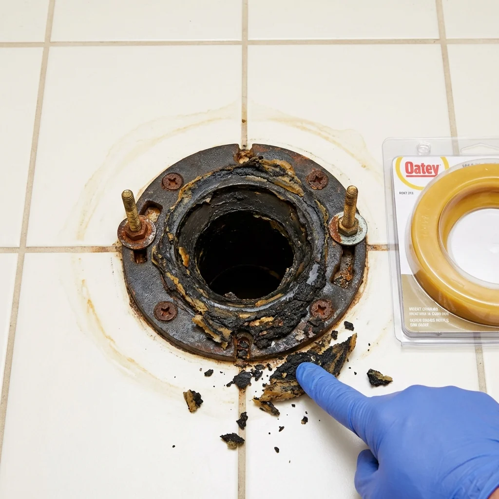 Failed wax ring showing water seepage at the base of a toilet in a Shirley, MA home