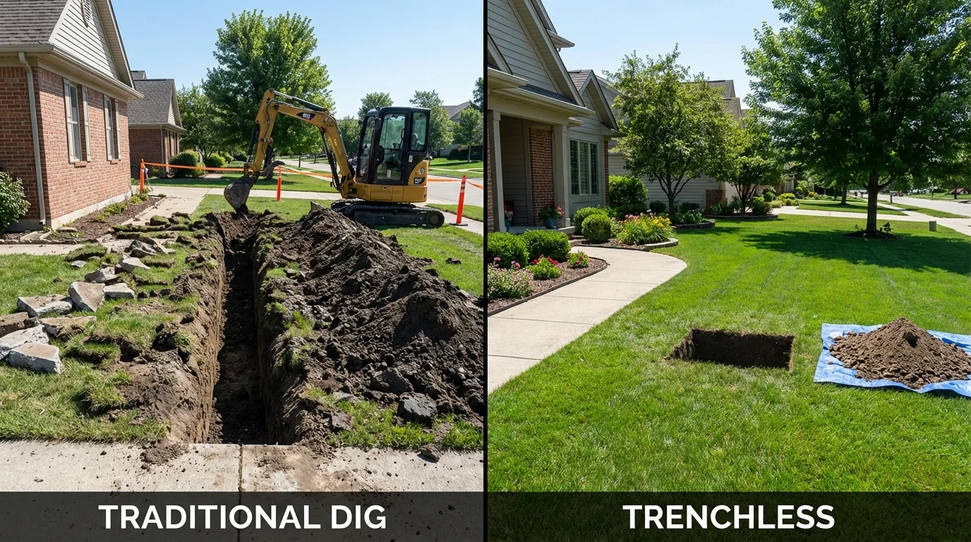 Trenchless sewer repair with minimal yard damage versus traditional excavation in Shirley, MA