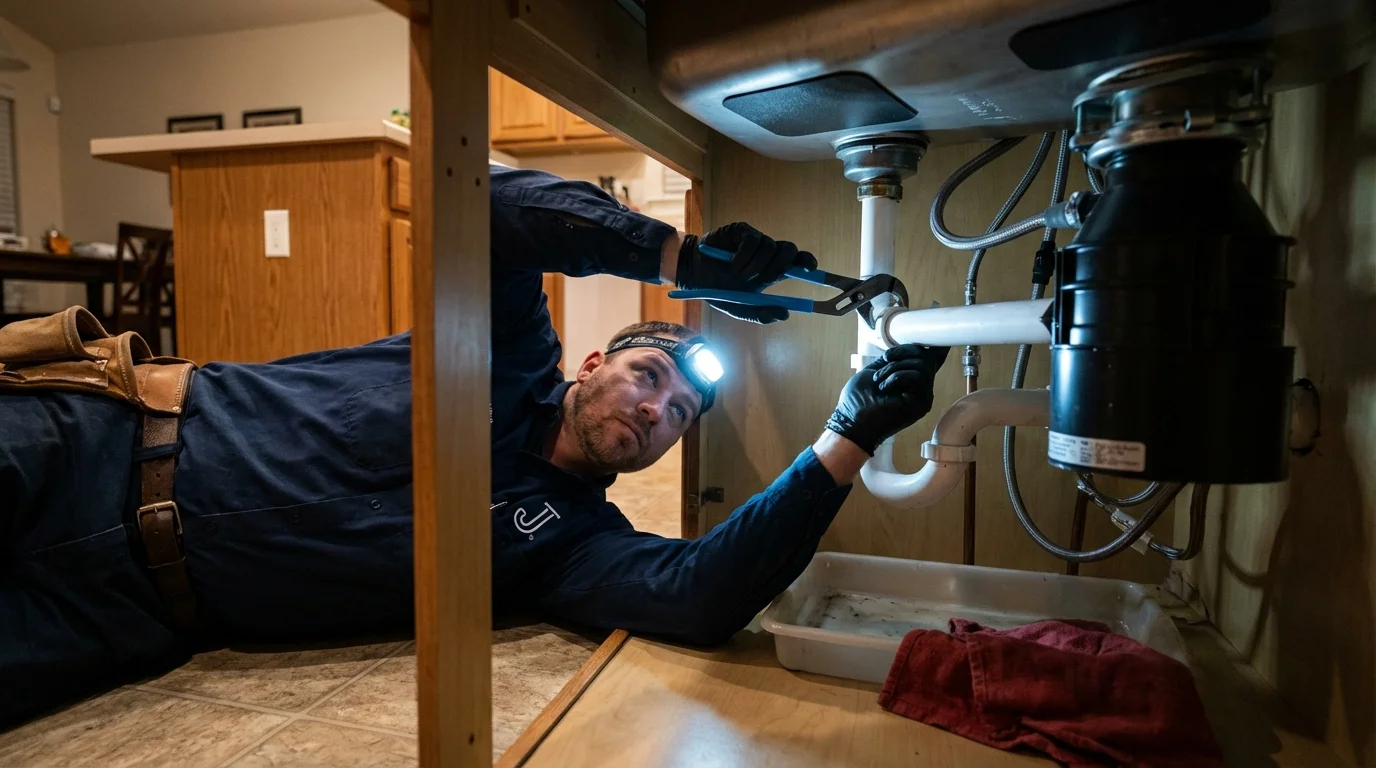 P-trap and supply line connections under a kitchen sink showing a common leak point in Shirley, MA